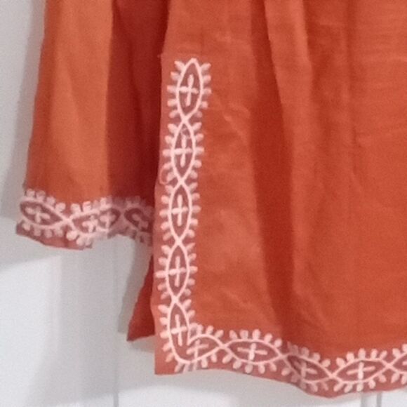 Mur Mur Sheer Embroidered Tunic Size M Orange and White V Neck with Tie - Picture 4 of 10